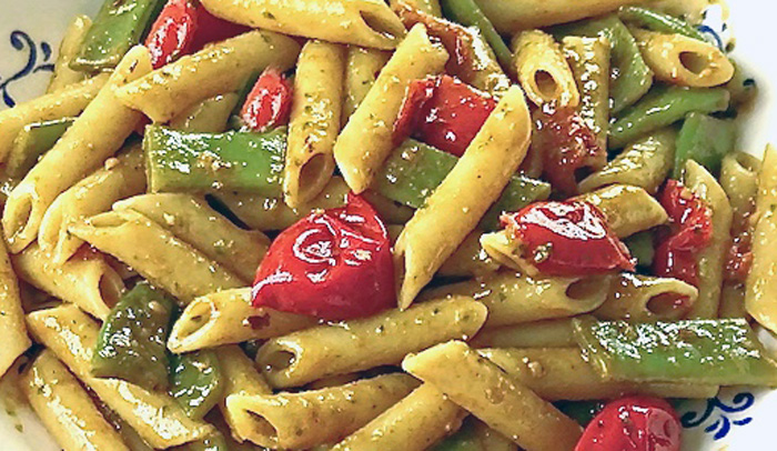 Pasta with Green Bean Pesto, Cherry Tomatoes, and Olives: A Rediscovery of Ligurian Tradition